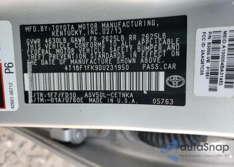 2013 Toyota Camry L из США, поврежденный, VIN 4T1BF1FK9DU231950